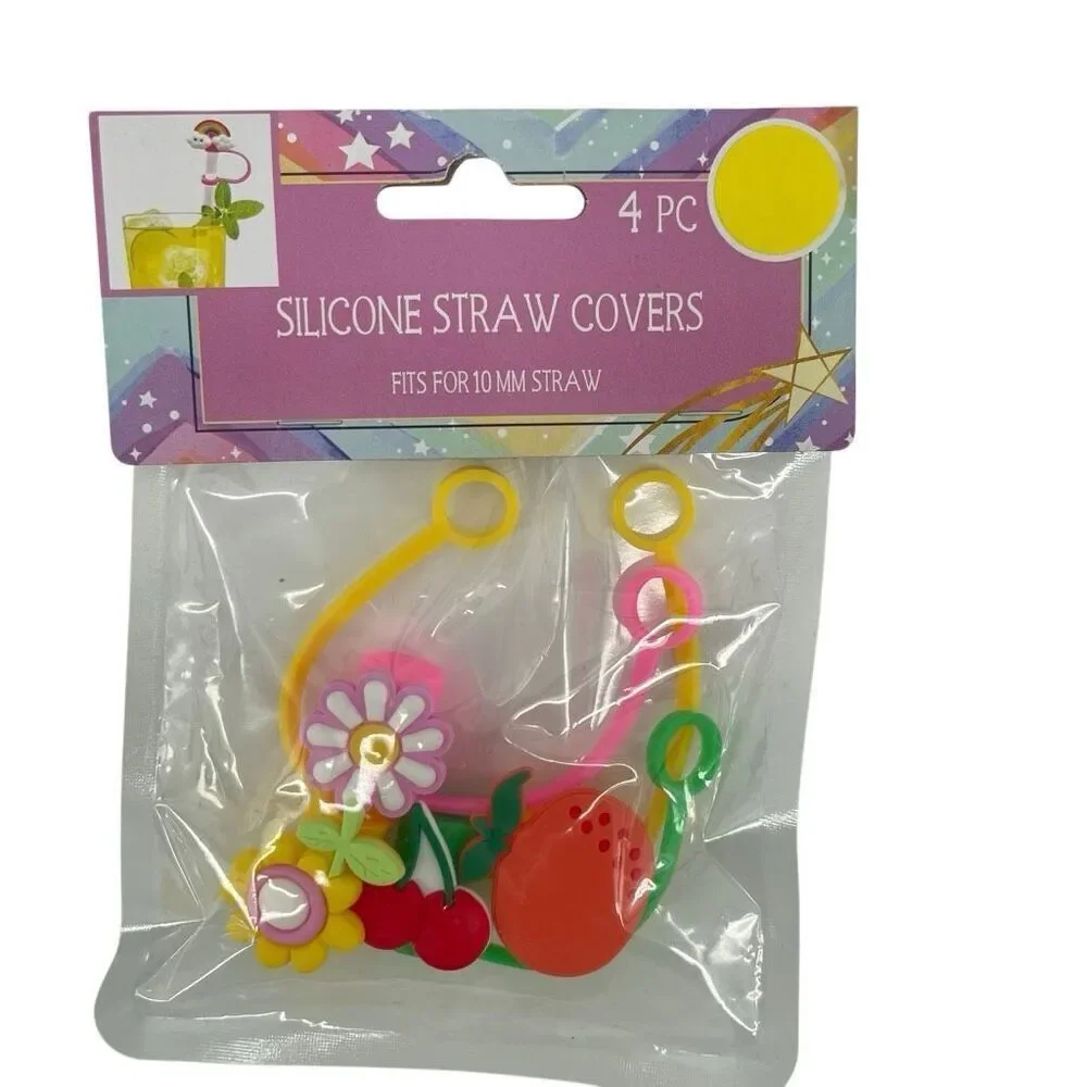 Silicone Straw Covers Fruit & Flower Drink Cup Protectors 4-Pack 10mm, New